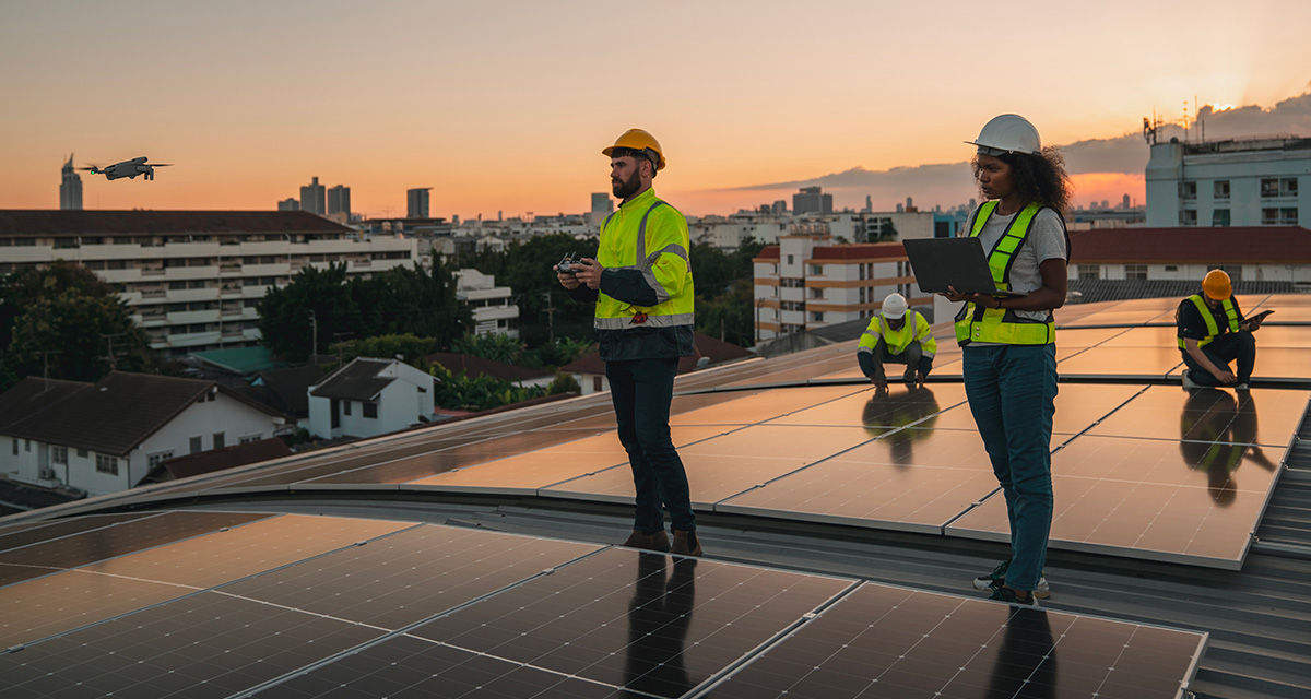 Tecnici al lavoro su un tetto per le operazioni di revamping fotovoltaico