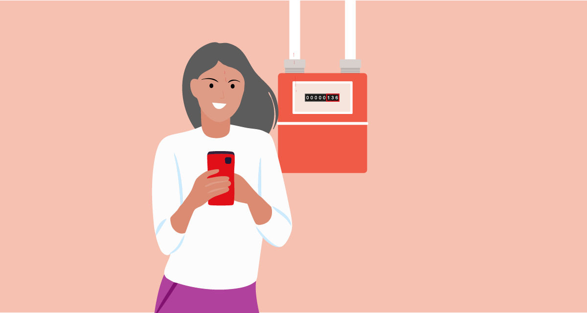 Illustrazione di ragazza che fa l’autolettura del gas aiutandosi con lo smartphone.